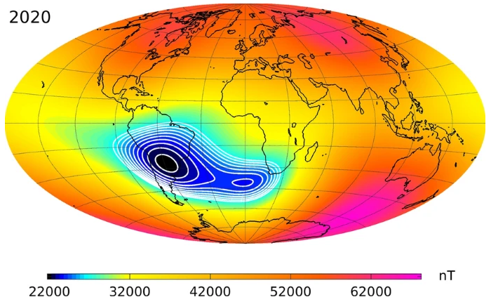 Mapa de la Anomalía del Atlántico Sur mostrando niveles de radiación sobre Brasil y África